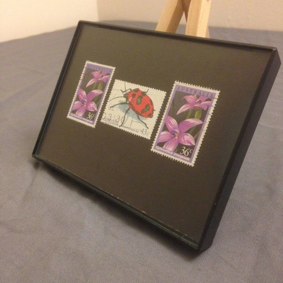 Lady bug - Recycled Postage Stamp Framed Art 3.5"x5", Ladybug, flower stamp, bug - Picture 3 of 3
